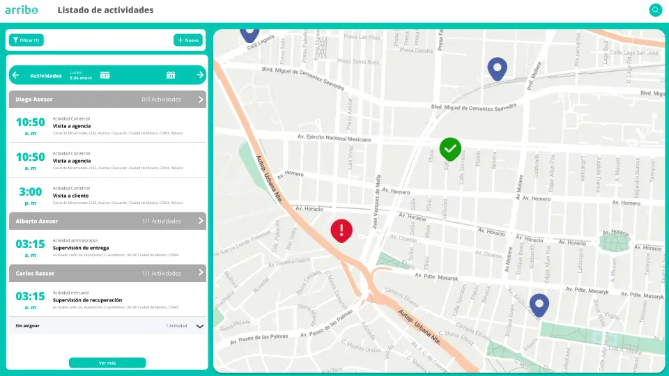 Arribo activity list and live operations map