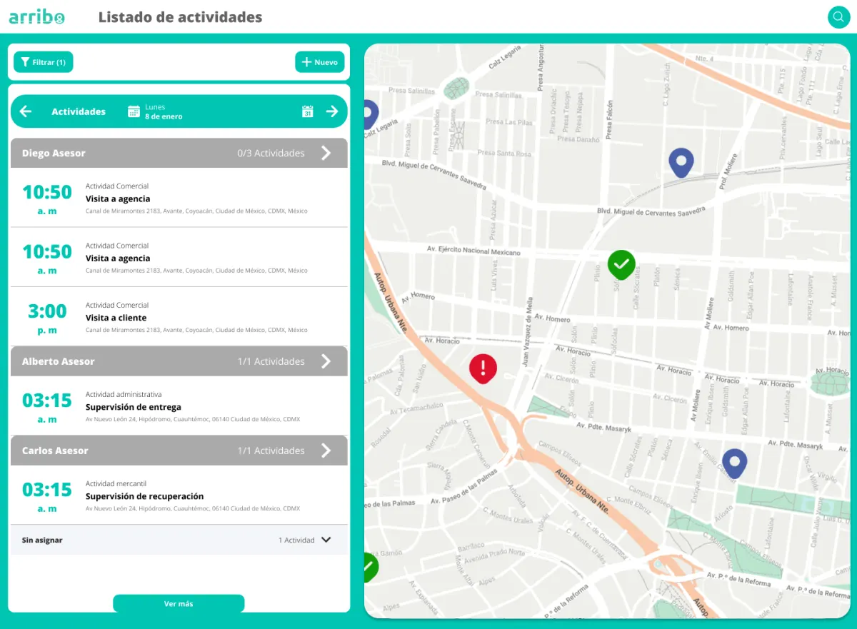 Arribo activity list with a locations map