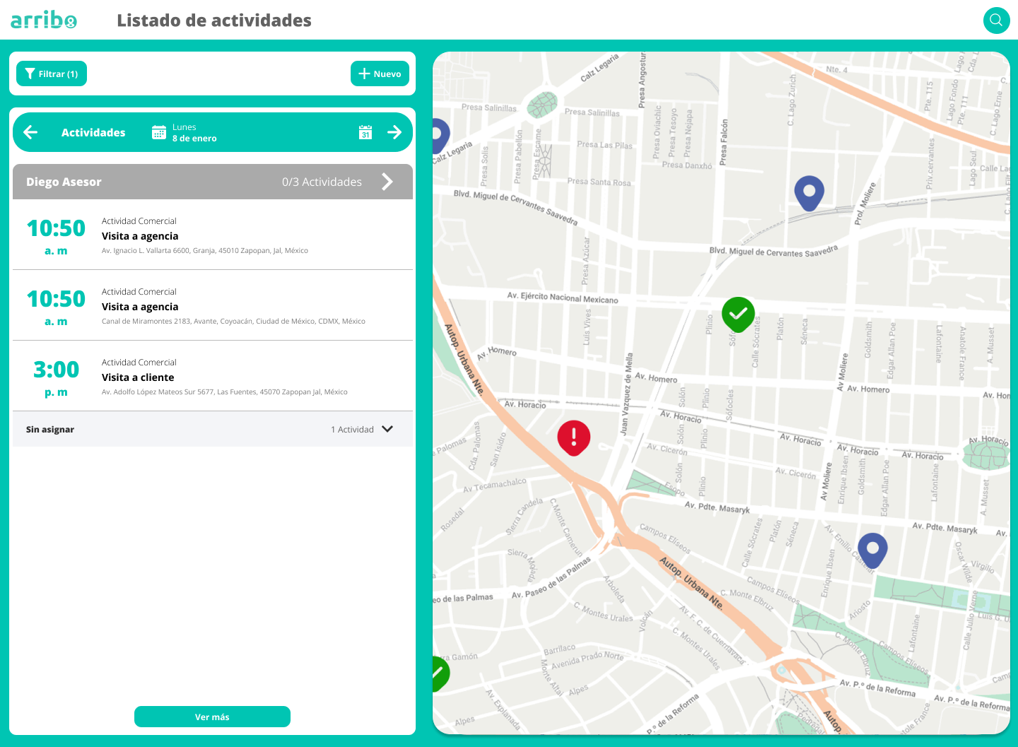 Arribo product view with a service map and operations controls